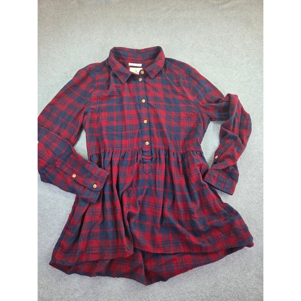 American Eagle Womens Jegging Fit Peplum Flannel Shirt Size M Red Blue Plaid